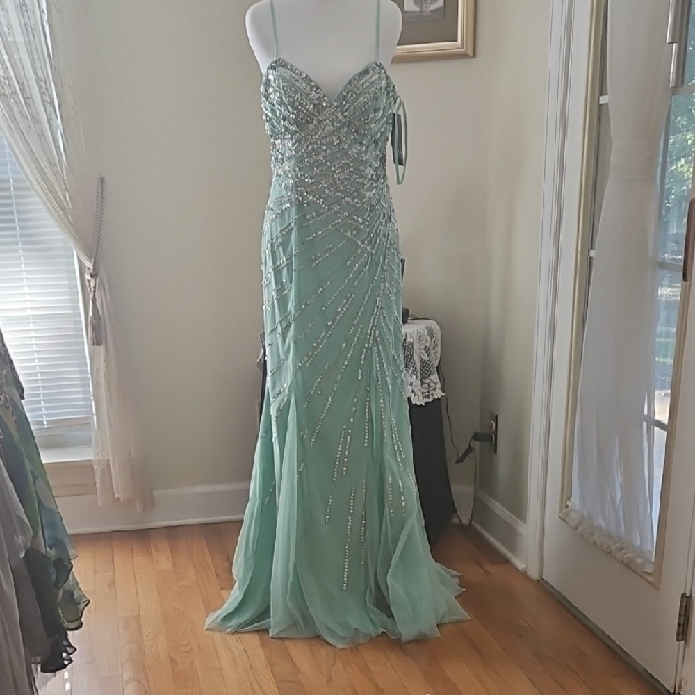 Sean Collection Mint Green Beaded Prom Dress